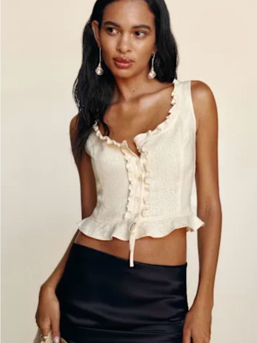 Reformation Cream Ruffle-Trim Button Tie Cropped Camisole